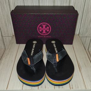 Tory Burch Perfect Navy 400 Platform Flip Flops with Rainbow Sole